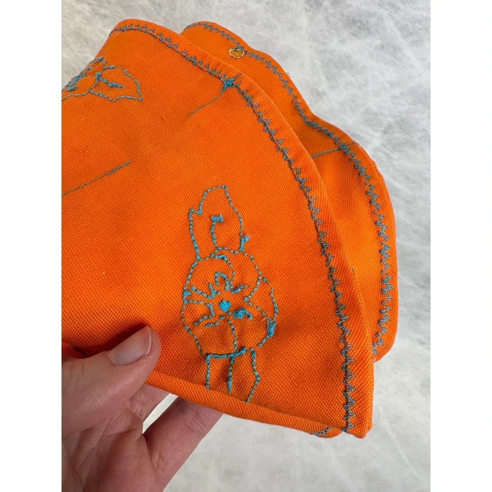 Vintage Handmade Packable Jewelry Holder Orange Blue Floral Embroidered Travel